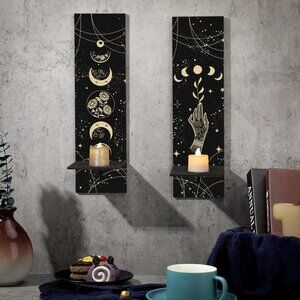 Set of 2 Boho Wooden Candle Holders – Sun & Moon Phase Wall Sconces, 14"x3.9" Go